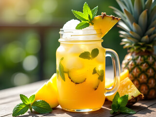Fototapete - Pineapple Mint Cooler: A tropical pineapple and mint-infused cooler, served ice-cold in a glass jar with a splash of soda for extra fizz. A summer must-have for hot days.