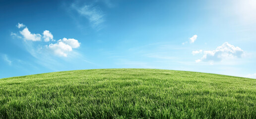 Wall Mural - Lush green grass under bright blue sky with fluffy clouds creates serene landscape. This peaceful scene evokes sense of tranquility and connection to nature