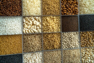 extensive array of various grains and seeds in organized squares for healthy cooking and eating : ge