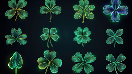Wall Mural - vibrant set of green clover neon icons for saint patrick’s day designs