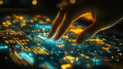 Wall Mural - hand interacts with futuristic interface, city night background; tech concept