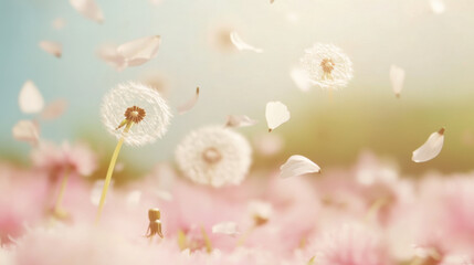 Wall Mural - Dandelions in field with petals fluttering in air create serene and dreamy atmosphere. soft colors and gentle movement evoke sense of tranquility and beauty