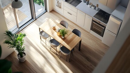 Wall Mural - Modern kitchen interior featuring a wooden dining table with chairs, plants, and sunlight streaming in