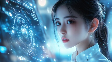 Aufkleber - Close-up of an enchanting young woman against a technological backdrop with futuristic holographic displays : Generative AI