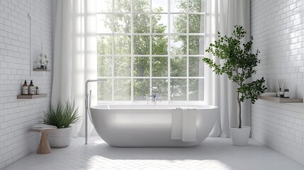 Wall Mural - Bright Luxurious Bathroom Filled with Natural Light and Beautiful Green Plants for Relaxation : Generative AI