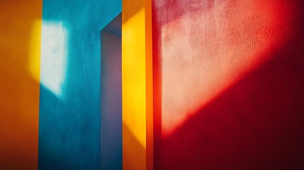 Fototapete - Colorful geometric wall patterns showcasing vibrant hues and shadows in an artistic space : Generative AI