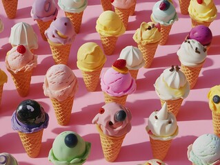 Wall Mural - Colorful ice cream cones in a waffle cone against a pink background