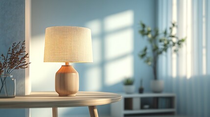 Poster - Warmly lit wooden lamp on round table surrounded by a soothing home interior : Generative AI