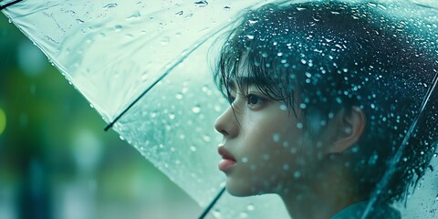 Poster - Reflective portrait of a person behind a rain-soaked umbrella with droplets visible : Generative AI