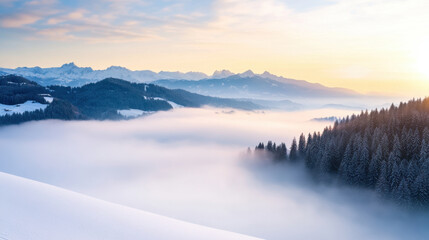 Wall Mural - minimalist snowy landscape in Switzerland, covered in fog, showcases majestic mountains and serene forests. soft light creates tranquil atmosphere