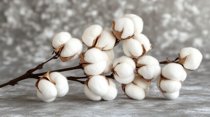 Fluffy cotton bolls on branch, gray background, nature still life