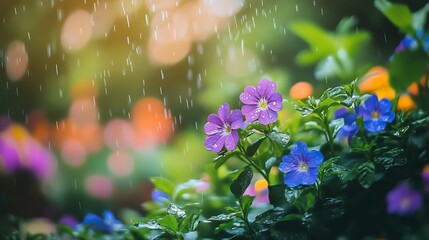 Poster - Colorful Garden Blooms Surrounded By Raindrops With Bokeh Effect : Generative AI