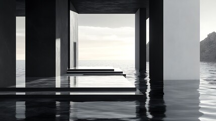 Aufkleber - Monochromatic perspective of a tranquil waterfront view with modern architectural elements : Generative AI