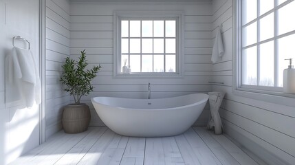 Poster - Cozy bathroom with a streamlined bathtub, wooden accents, and ample natural light pouring in : Generative AI