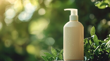 Aufkleber - Stylish lotion bottle set against lush green foliage highlighting eco-friendly skincare options : Generative AI