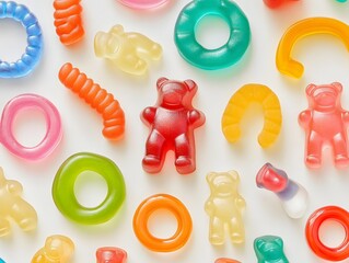 Colorful Gummy Candy Variety on White Background, Sweet Treat, Confection