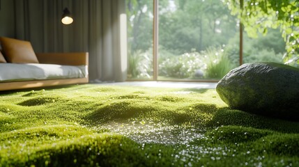 Aufkleber - Indoor tranquility with natural moss carpet and large rock illuminated by sunlight : Generative AI
