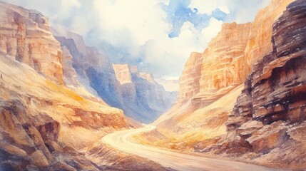 Aufkleber - Breathtaking canyon landscape showcasing winding road through rocky cliffs in soft watercolor style during daylight. Generative AI