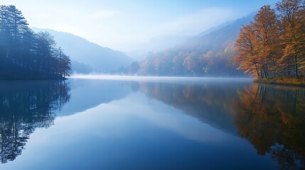 Canvas Print - Serene autumn lake reflecting colorful foliage and misty mountains.