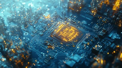 Poster - Detailed overview of an electronic circuit board with bright illuminations and complex networks : Generative AI
