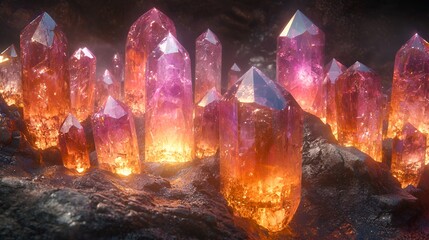 Wall Mural - Glowing pink crystals cave fantasy background