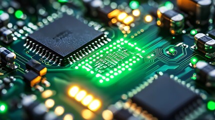 Fototapete - Intricate design of a motherboard featuring a prominent microprocessor with luminous accents : Generative AI
