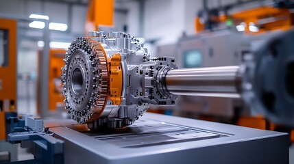 Poster - High tech mechanical component showing intricate design and engineering in a precise industrial setup : Generative AI