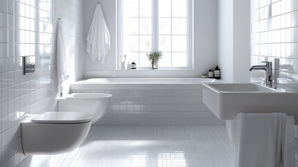 Poster - Stylish minimalist bathroom showcasing a spacious bathtub and sleek finishes for a serene bathing experience : Generative AI