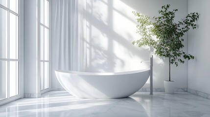 Poster - Modern bathroom design with a sleek bathtub and natural light flooding through windows : Generative AI