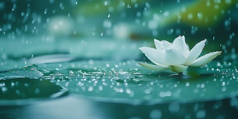 Poster - Graceful White Lotus Flower with Drops on Leaves in Rainy Atmosphere : Generative AI