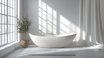 Fototapete - Peaceful Minimalist Bathroom with Inviting Bathtub and Soft Light : Generative AI