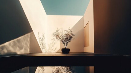 Leinwandbilder - Artistic outdoor space featuring a beautiful tree casting shadows against white walls and water reflection : Generative AI