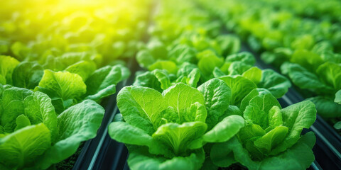 Wall Mural - Fresh green lettuce growing in vibrant greenhouse, showcasing healthy leaves and rows of crops under bright sunlight. lush greenery evokes sense of vitality and growth