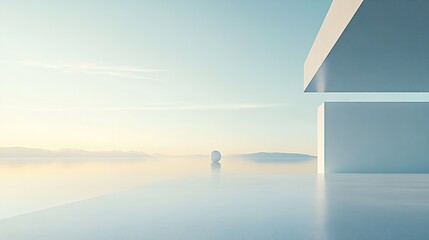 Poster - Serene minimalistic landscape with a smooth surface and a spherical object reflecting light in the distance : Generative AI