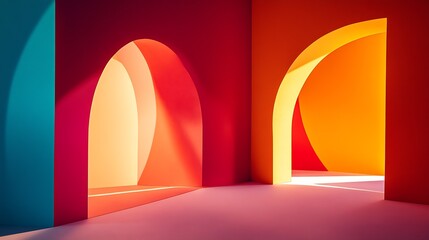 Poster - Vividly colored abstract space with bright archways creating an artistic and lively environment for creativity : Generative AI