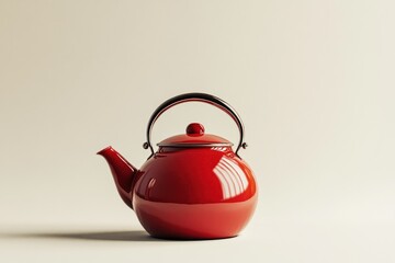 Wall Mural - red enamel teapot on beige background.