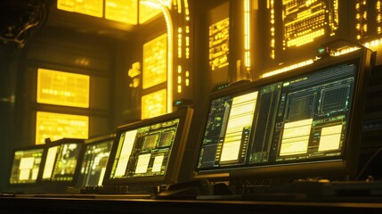Futuristic server room with glowing monitors displaying code.