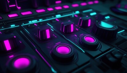 Close-up of a futuristic control panel with glowing pink and teal buttons and knobs.
