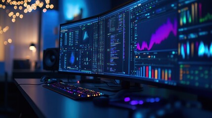 Triple monitor setup displaying data visualizations and code in a dimly lit room.