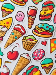 Leinwandbilder - Food stickers showcase playful pizza slices and various delicious treats on a bright background. Generative AI