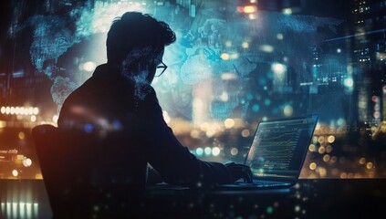 Silhouette of programmer working on laptop at night, global network data visualized behind.