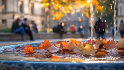 Poster - Autumn leaves float in a city fountain, blurred people sit nearby.