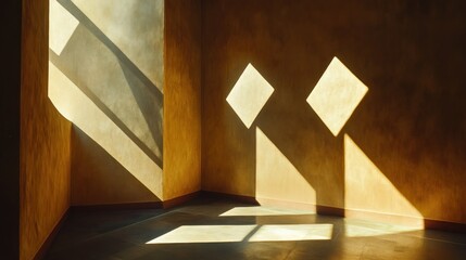 Wall Mural - Sunlight streams through a window casting diamond-shaped shadows on a textured ochre wall and floor of an empty room.