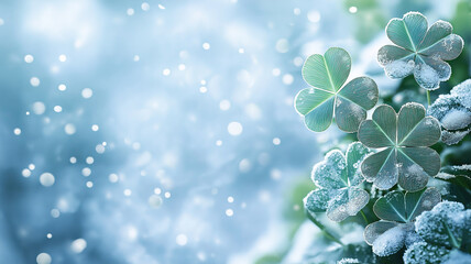 Wall Mural - four-leaf clovers with snow in the winter season, lucky clover leaves and floral background
