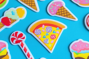 Leinwandbilder - Playful food stickers featuring colorful pizza slices and ice cream cones on a turquoise background. Generative AI