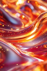 Poster - Abstract red and orange glowing liquid flowing, wavy surface with bokeh lights.