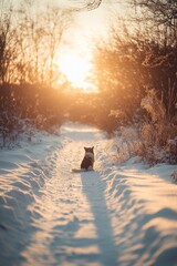 Poster - Cat sitting on snowy path at sunset, winter scene.