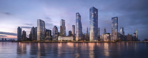 Wall Mural - Cityscape at dawn, modern skyscrapers reflected in calm water.