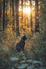 Wall Mural - Gray cat sitting in autumn forest at sunset, looking towards the sun.