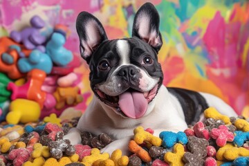 Canvas Print - Happy French bulldog lying in colorful treats.